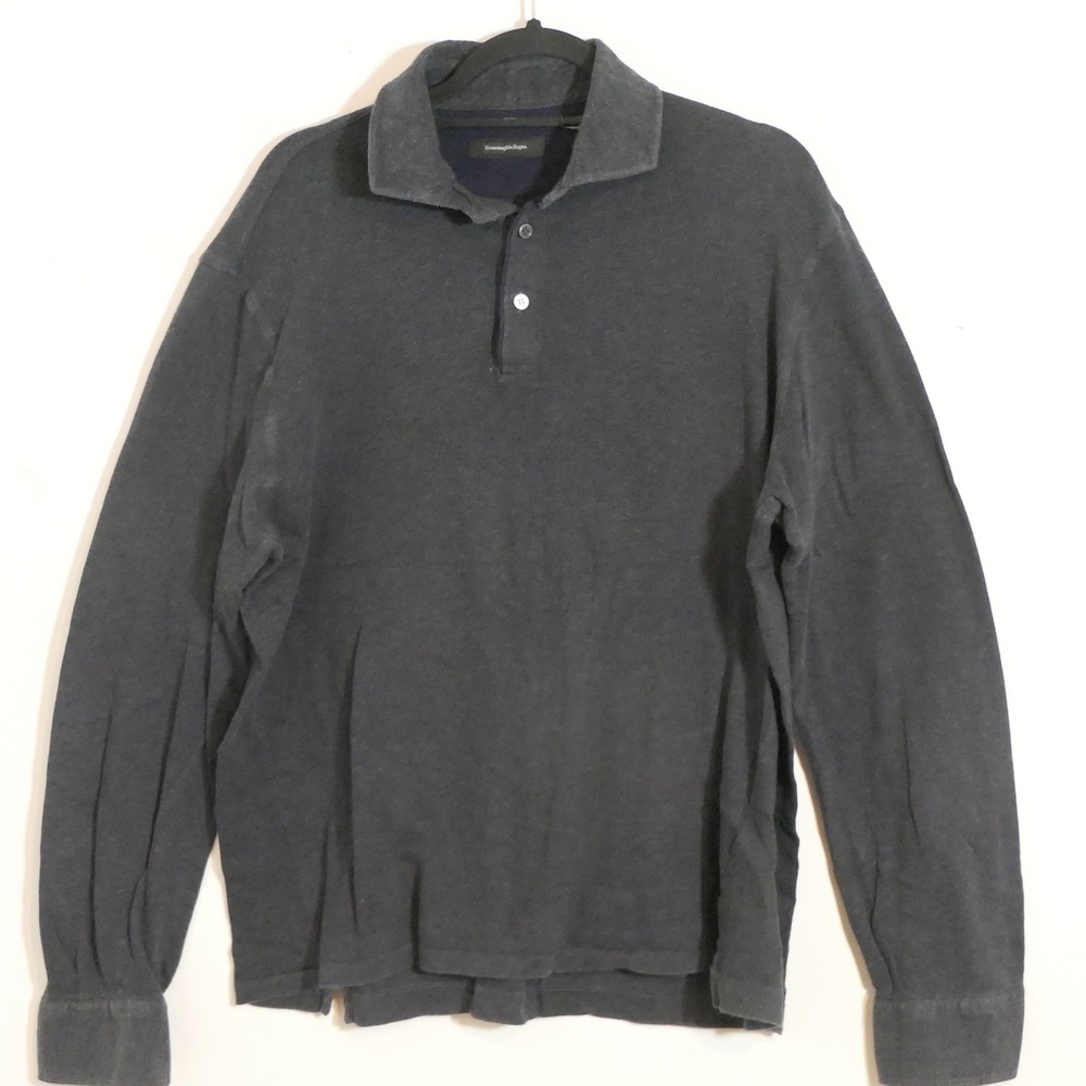 Ermenegildo Zegna Mens Polo XL Gray Long Sleeve Cotton Cashmere Quiet Luxury